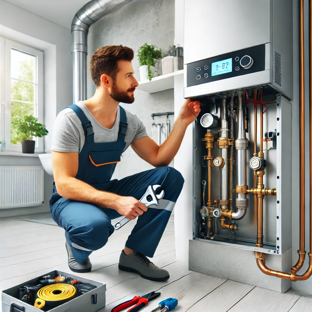 DALL·E 2025-02-12 21.44.32 - A professional plumber performing maintenance on a modern heating system. The scene includes a technician in uniform inspecting a boiler, adjusting pi