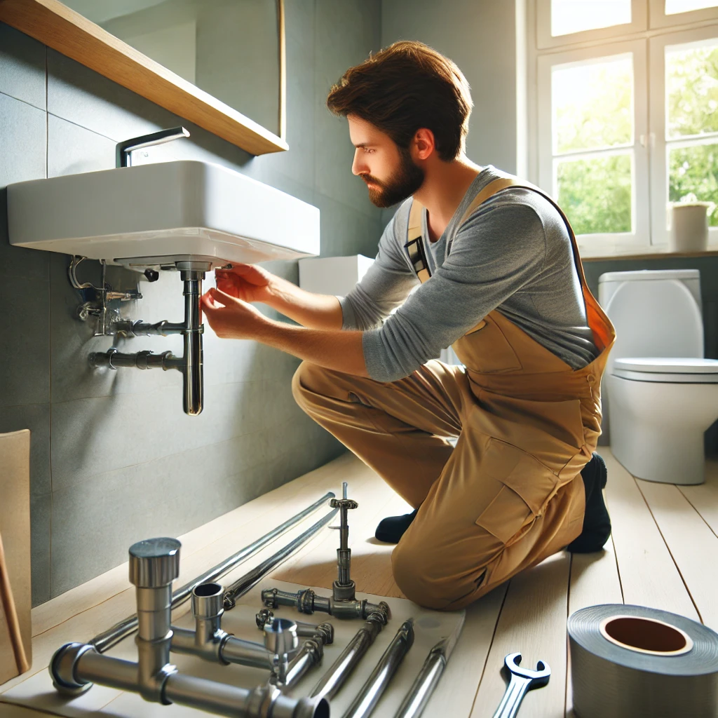 DALL·E 2025-02-12 21.46.19 - A professional plumber installing modern sanitary fixtures in a bathroom. The scene includes a technician in uniform fitting a sink, connecting pipes,