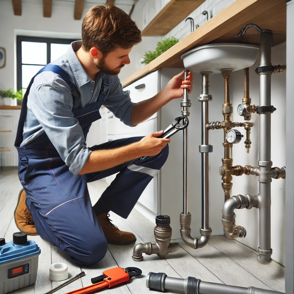 DALL·E 2025-02-12 21.45.29 - A professional plumber performing maintenance on a residential plumbing system. The scene includes a technician in uniform inspecting pipes, tightenin